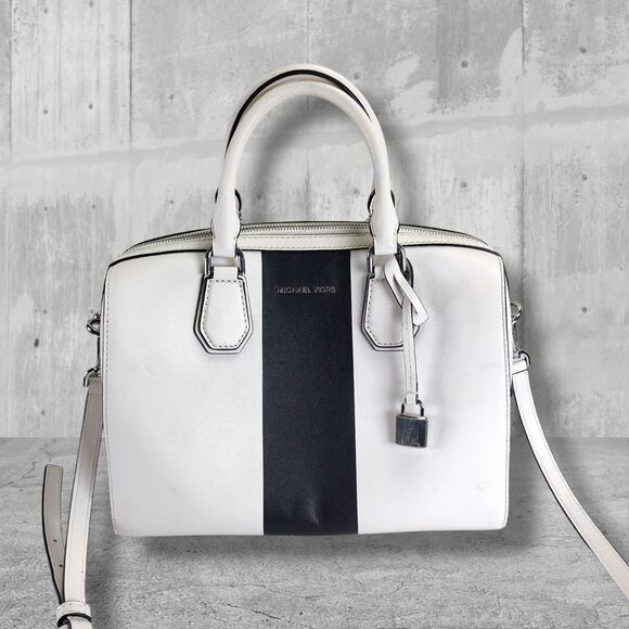 Michael Kors Mercer Medium Duffel Satchel White Center Stripe Leather Bag - Picture 12 of 16